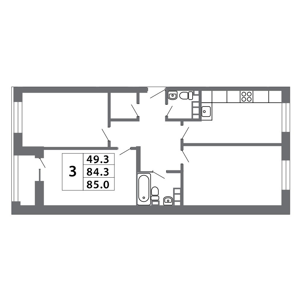 Планировка 3-комнатная, 84.8