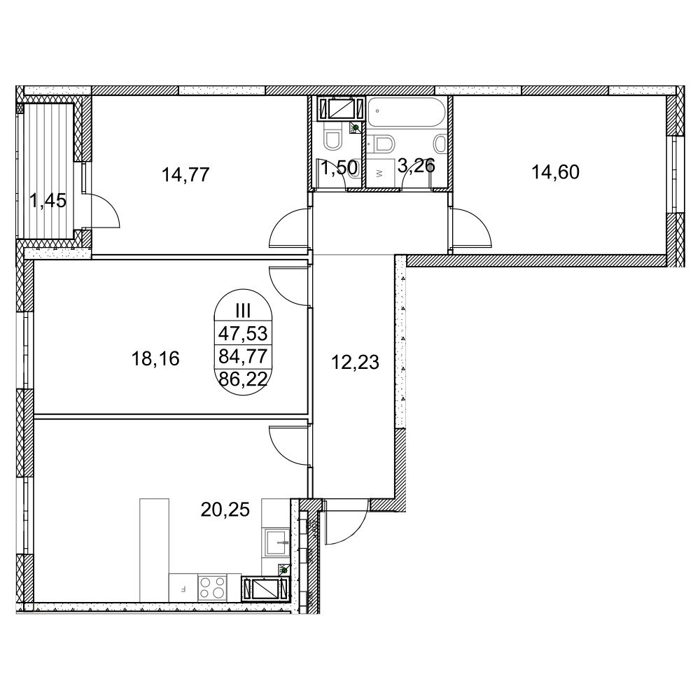 Планировка 3-комнатная, 86.22