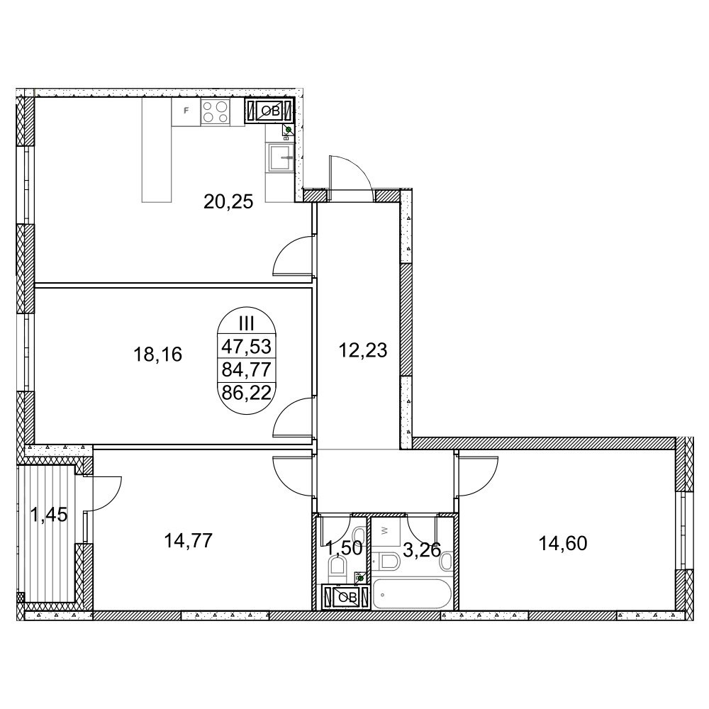 Планировка 3-комнатная, 86.22