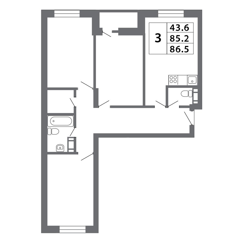 Планировка 3-комнатная, 86.54