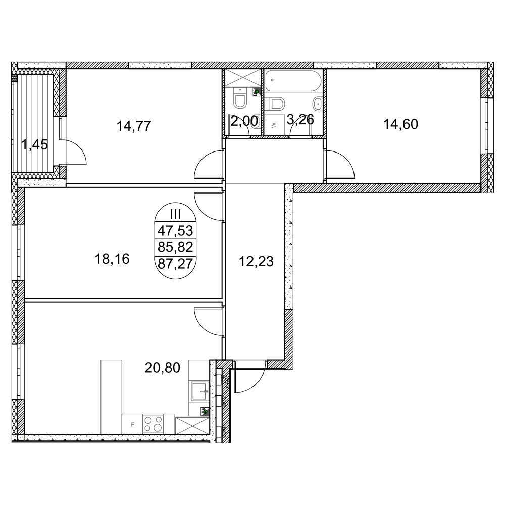 Планировка 3-комнатная, 87.27