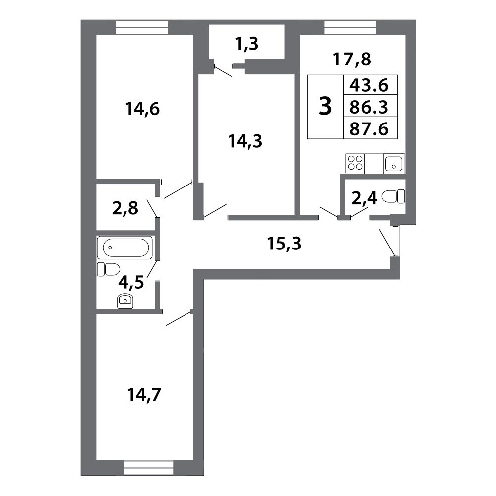 Планировка 3-комнатная, 87.57
