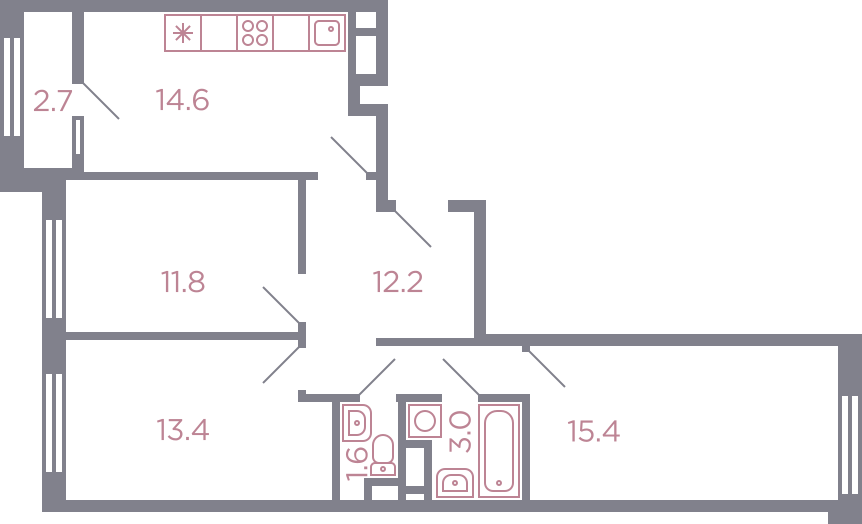 Планировка 3-комнатная, 73.4