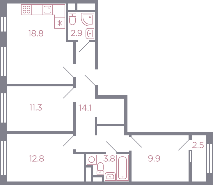Планировка 3-комнатная, 74.9