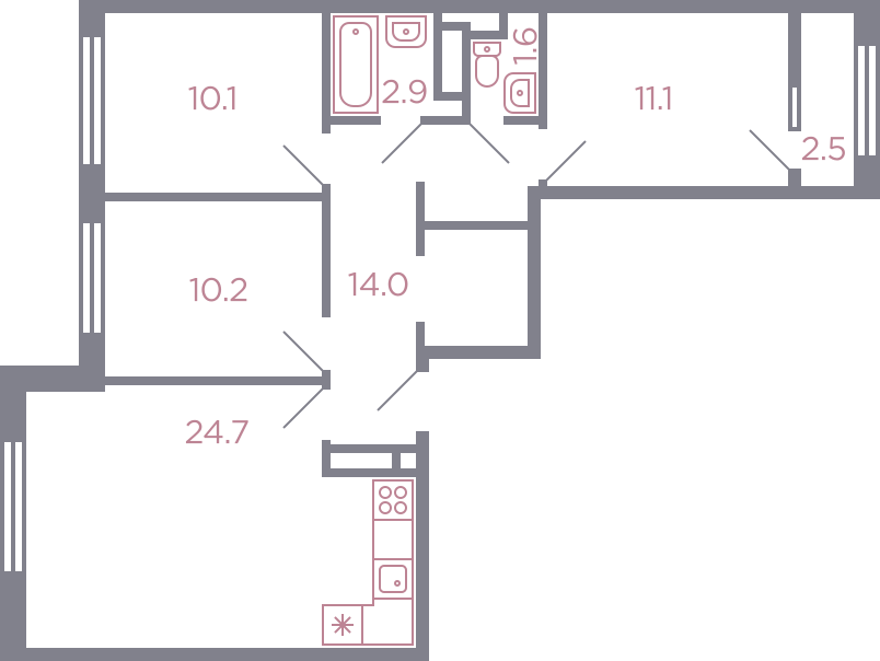 Планировка 3-комнатная, 75.9