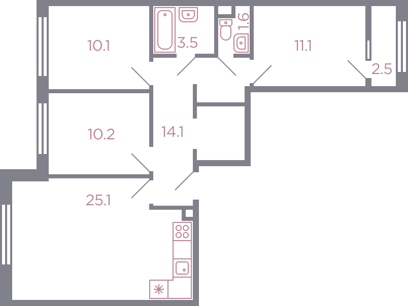 Планировка 3-комнатная, 76.9
