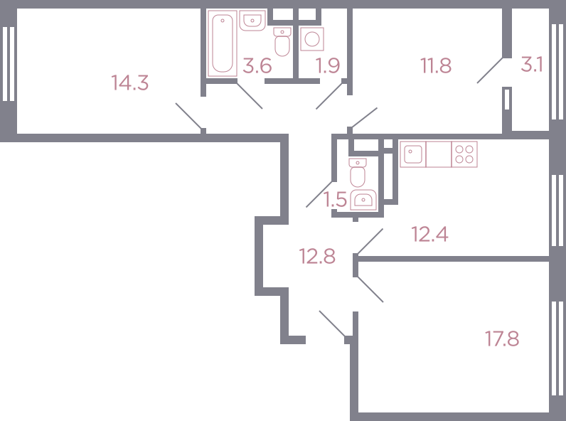 Планировка 3-комнатная, 77.7