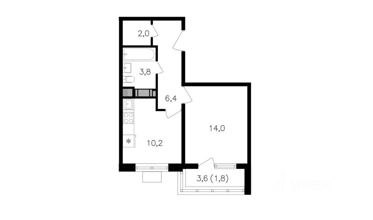 Планировка 1-комнатная, 38.2